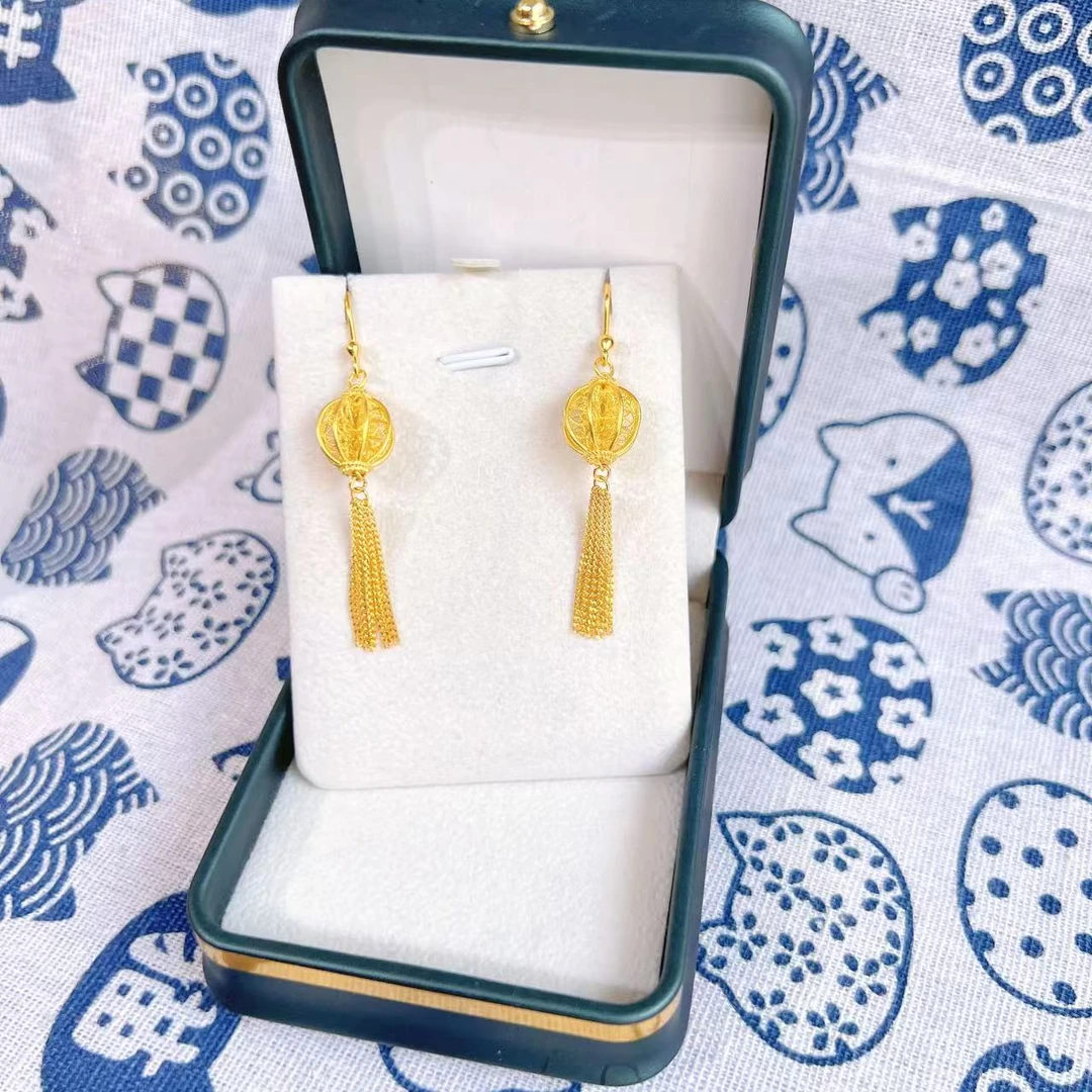 金御缘0工费足金999流苏球球耳坠时尚复古气质素款百搭长款金耳坠