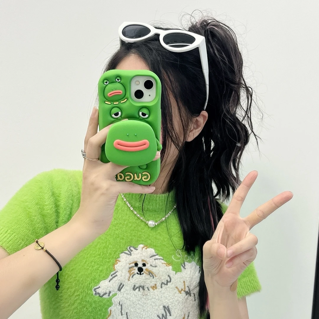 苹果华为|卡通创意青蛙支架适用iPhone16香肠嘴立体可爱软硅胶壳