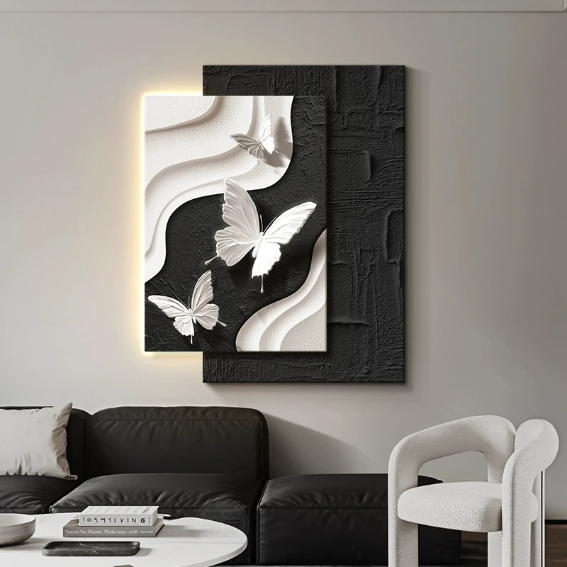 现代简约客厅装饰画蝴蝶高级感壁灯黑白灰沙发背景墙挂画抽象立体