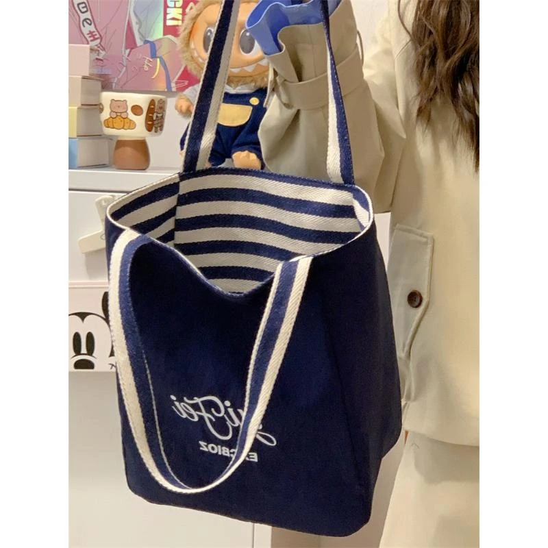 休闲通勤上课包单肩包韩国ins条纹帆布包包女大容量托特包学生党
