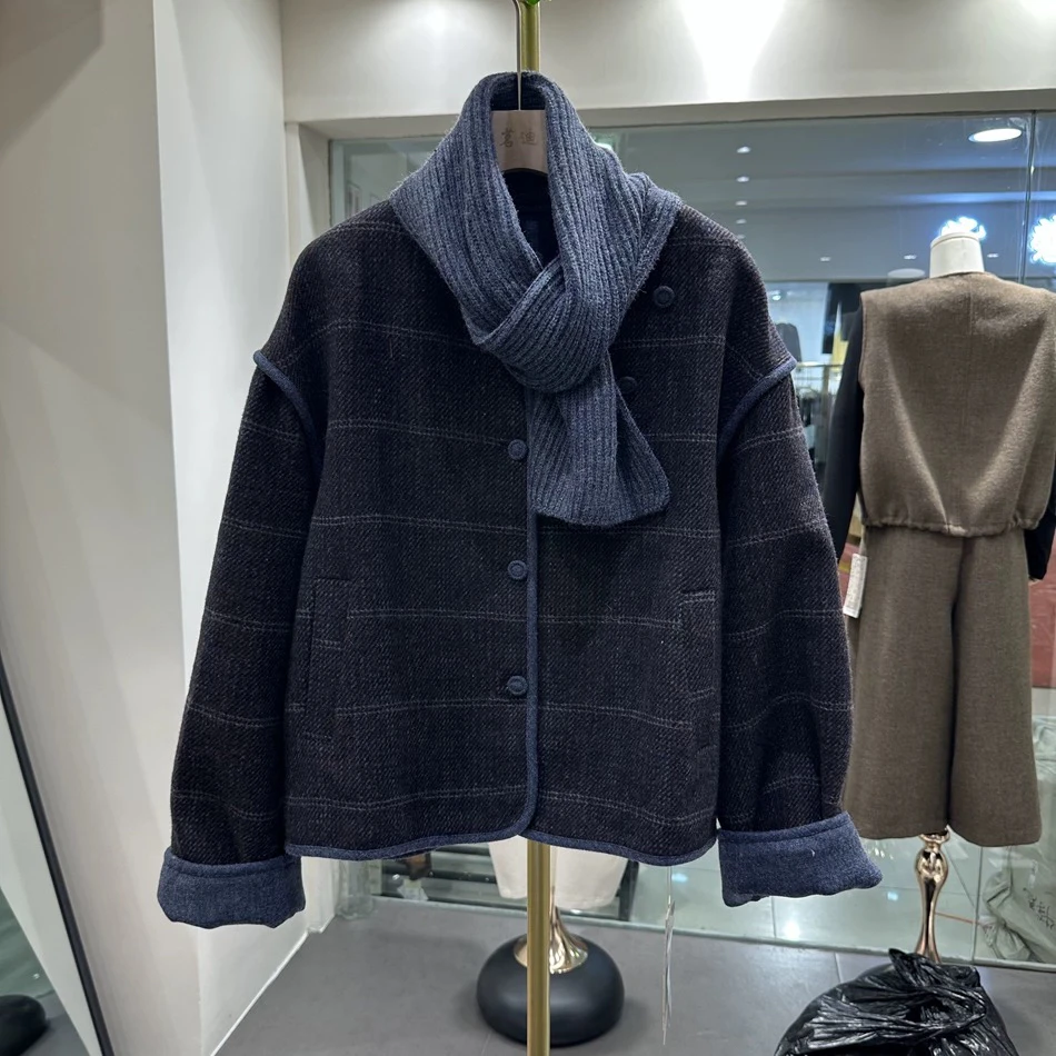 韩版2025秋新款时尚设计感圆领单排扣格纹宽松休闲百搭短款外套女