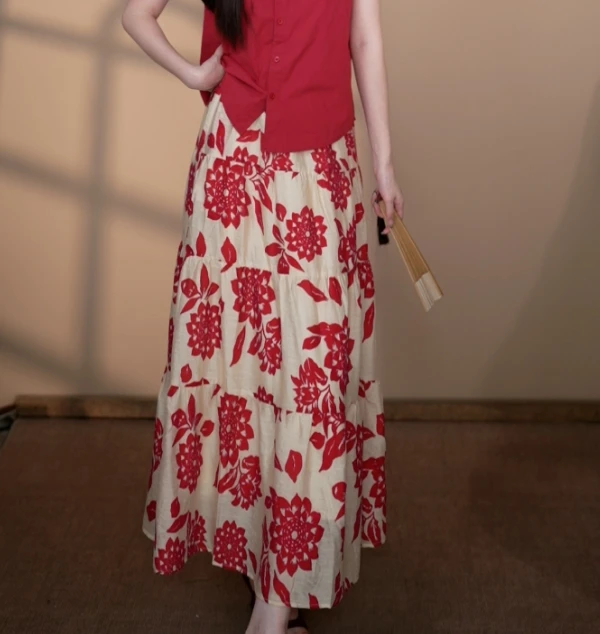 小井定制私服【】新款白底红印花休闲气质半身裙J25W369