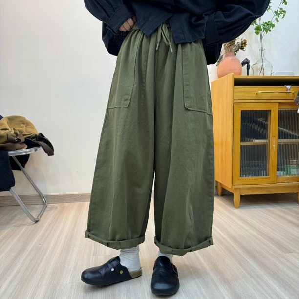 宽松百搭显瘦春款松紧腰大口袋休闲裤