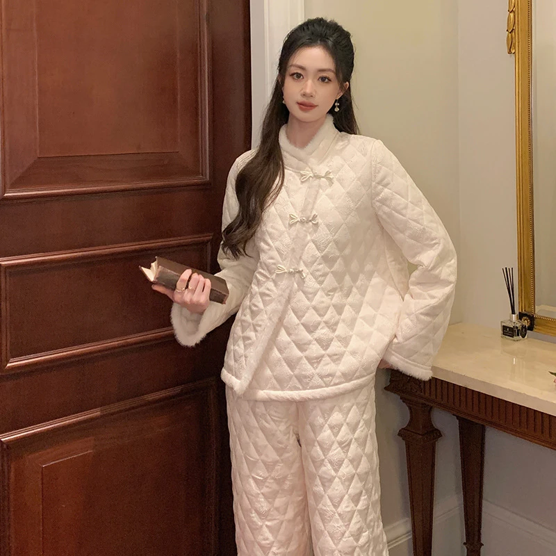 三层夹棉睡衣女冬季珊瑚绒加厚加绒套装2025新款新中式国风家居服