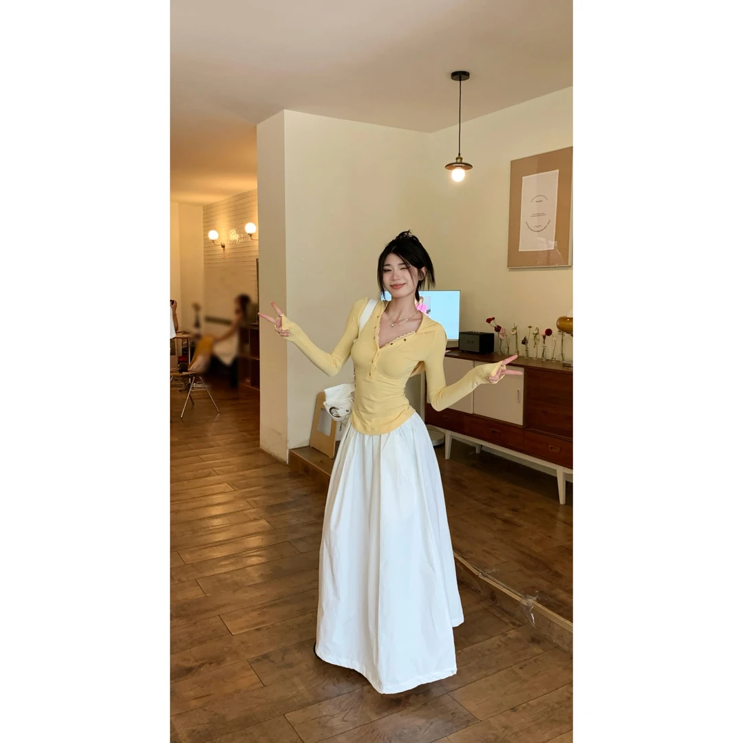 春季纯色休闲风女装复古夏季时尚修身自然腰舒适半身裙