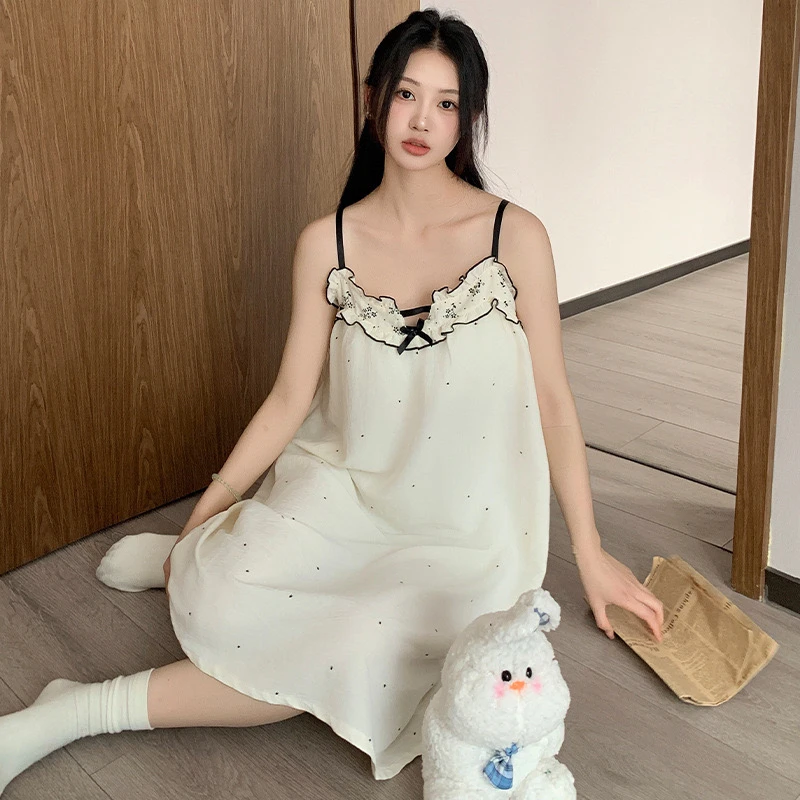 带胸垫云朵棉睡裙女夏季奶油风吊带背心裙可外穿凉感型大码家居服