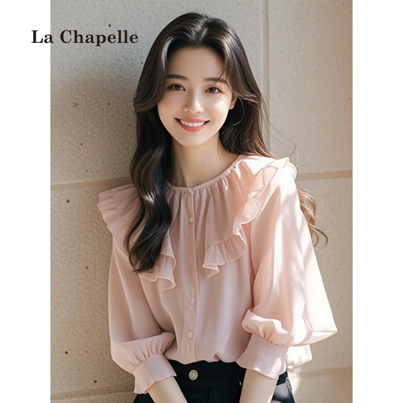 拉夏贝尔夏季衬衫法式设计感百搭显瘦甜美小清新粉色荷叶边上衣女