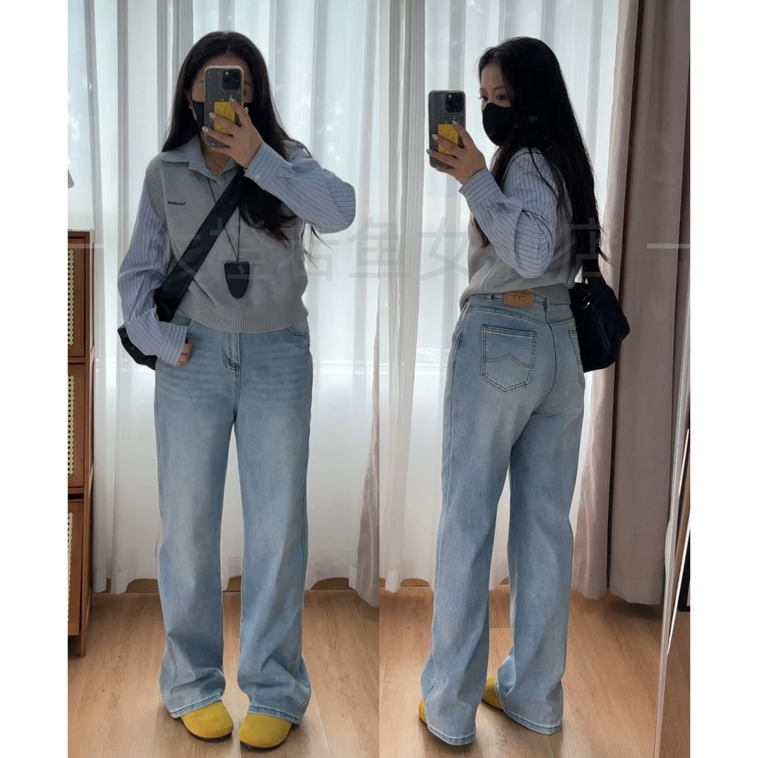 早秋窄版直筒牛仔裤女2025新款小个子高腰显瘦水洗弹力浅色阔腿裤