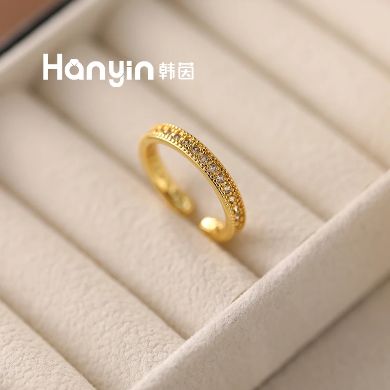 铜合金合成锆石戒指 满微镶简约窄边时尚气质百搭闪亮活口指环ins