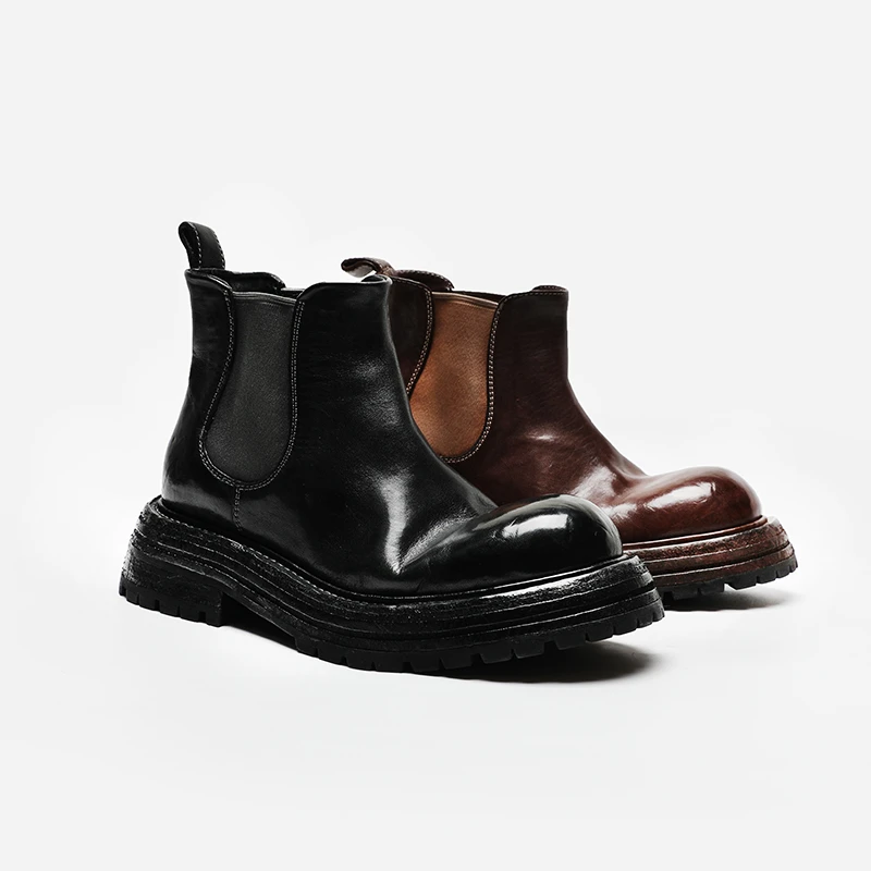 水洗马皮固特异复古切尔西靴秋冬时尚厚底圆头切尔西马皮手工女鞋