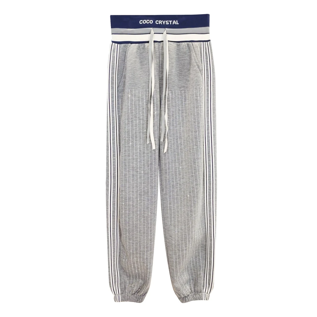 设计师竖条满钻图案休闲裤10250