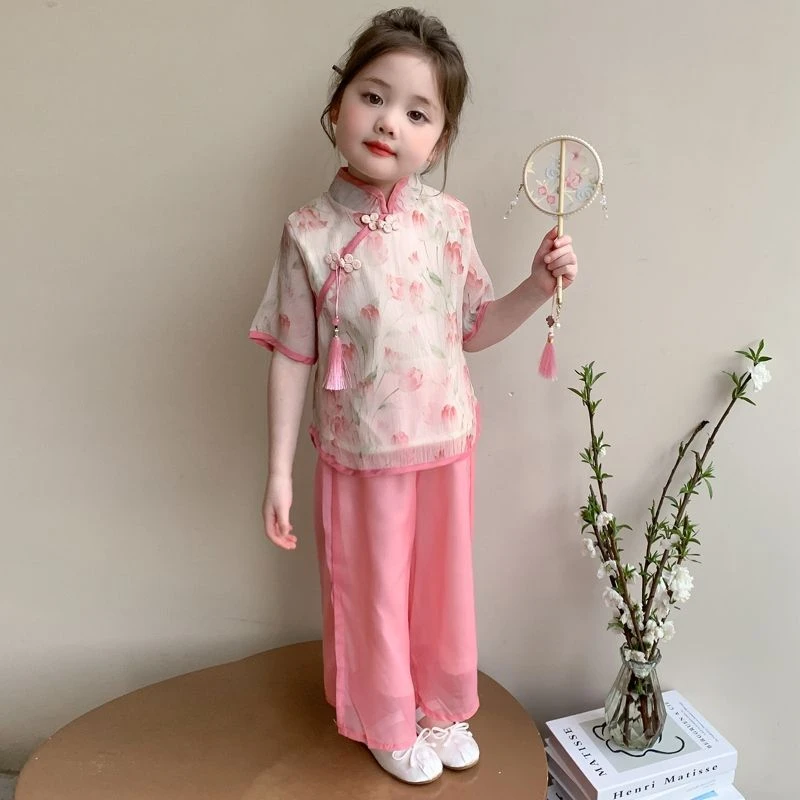 女童汉服套装夏季2025新款洋气时髦女宝新中式国风短袖两件套唐装