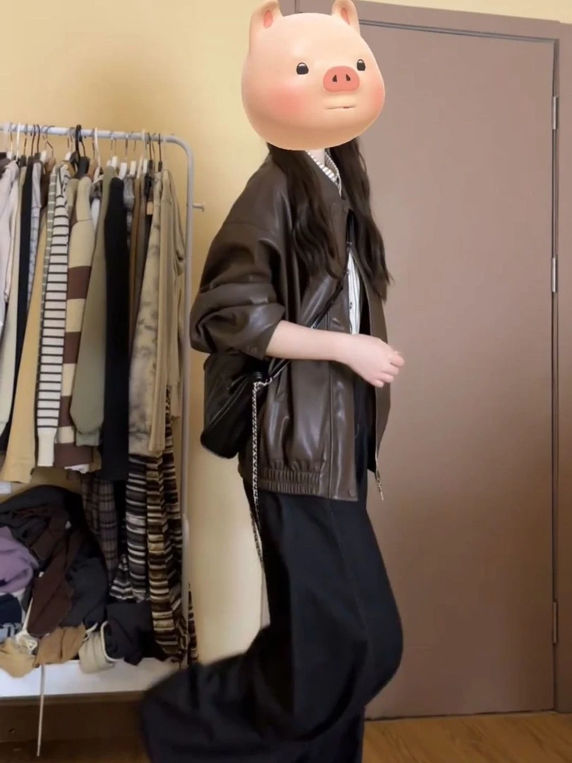 港风复古棕色皮衣外套女春秋新款宽松显瘦高级感潮流百搭pu皮夹克