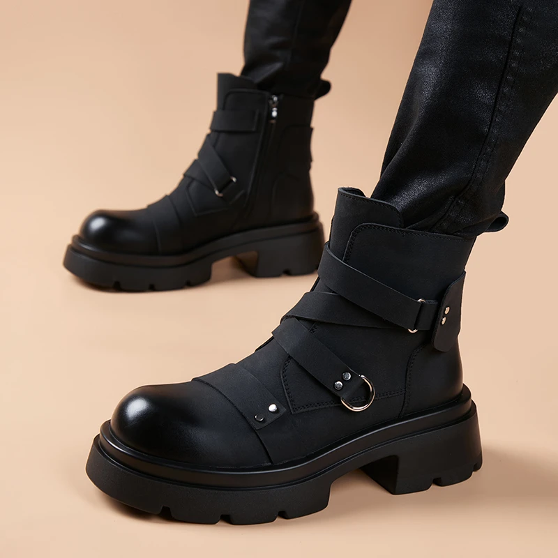 厚底高帮马丁靴男士真皮冬季圆头工装靴增高休闲英伦风百搭时尚靴