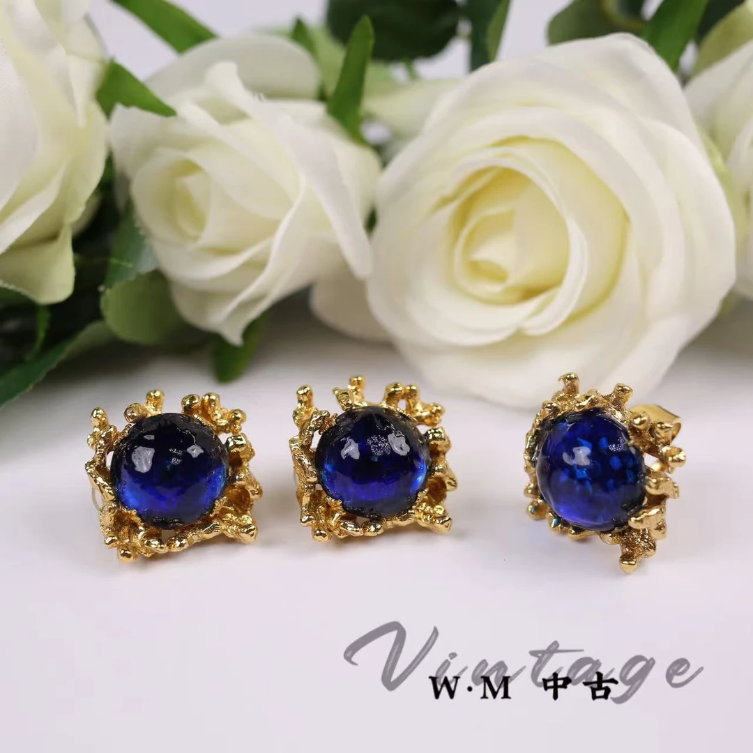 铜合金耳饰 W·M中古-Gavilane（法）琉璃耳夹+戒指套组