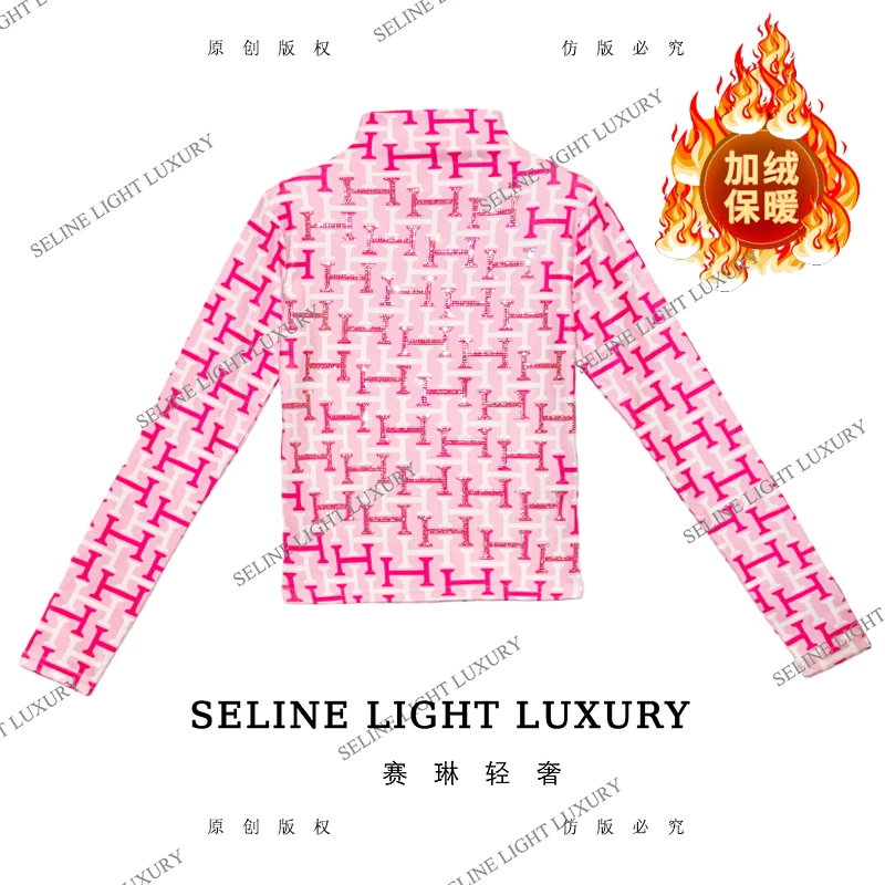 【25Q-839】太 2025SELINE 原创重工粉色H字母印花轻奢高领加绒长袖