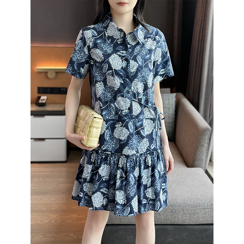 左左家 小禾+元厂单~抗皱全棉印花短袖翻领荷叶边拼接衬衫连衣裙