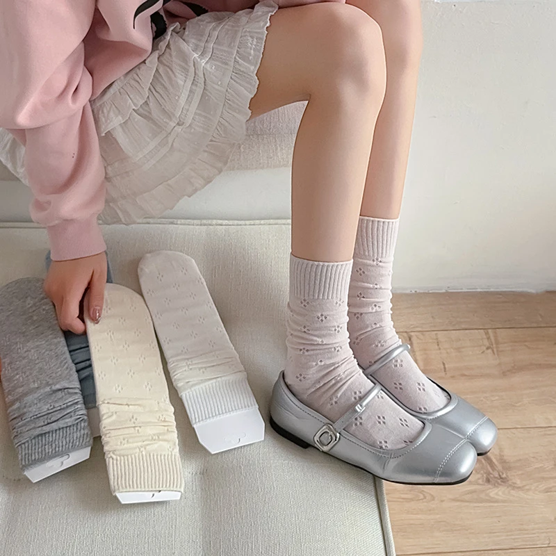 春夏季薄款网眼透气女士日系堆堆袜芭蕾风四叶草纯色基础长筒袜女