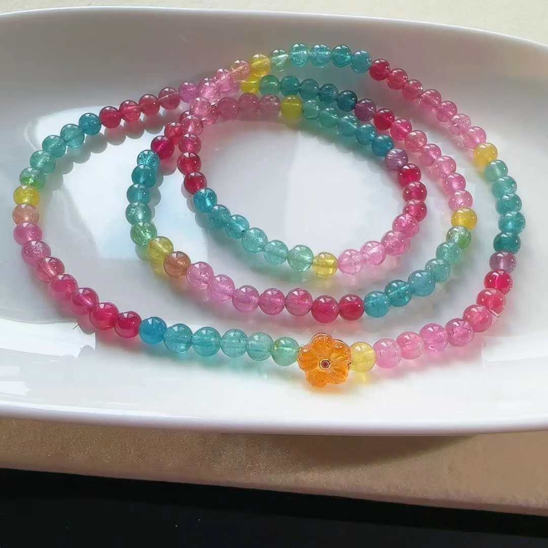 天然真品彩虹碧玺手串三圈4.7mm18.9g正品碧玺多圈手链女招财旺夫