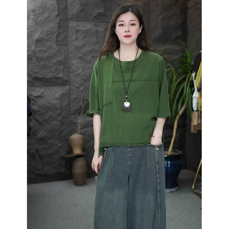 纯色拼接短袖T恤新款圆领宽松休闲设计感上衣女