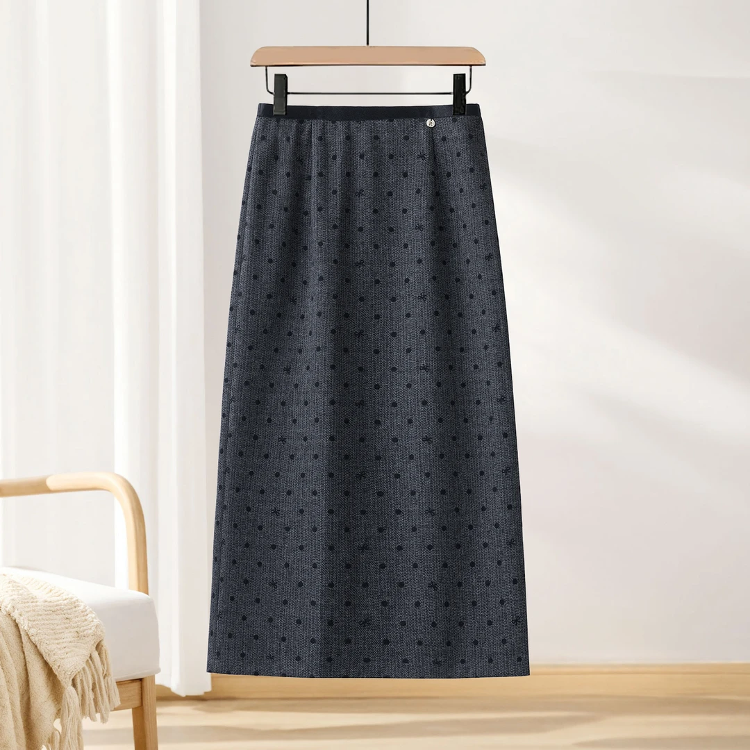 灰色波点半身裙女秋冬2025新款气质高腰中长款开叉Aa字一步包臀裙