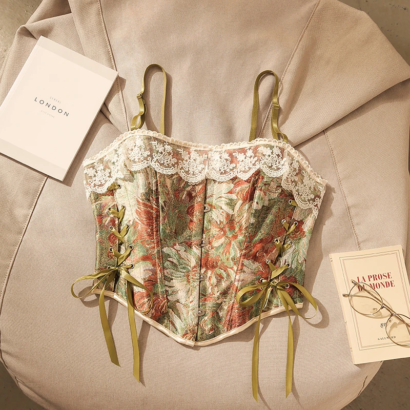 法式复古碎花系带鱼骨胸衣吊带背心女夏提花束腰塑身美背上衣外穿