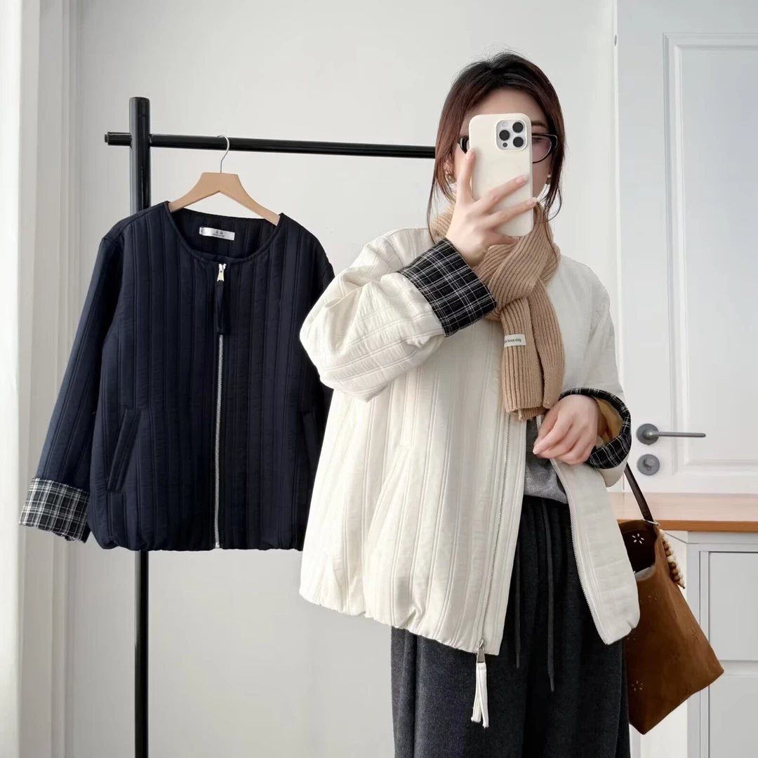 大码冬季百搭大码秋冬格子女保暖上衣撞色棉衣棉服2904