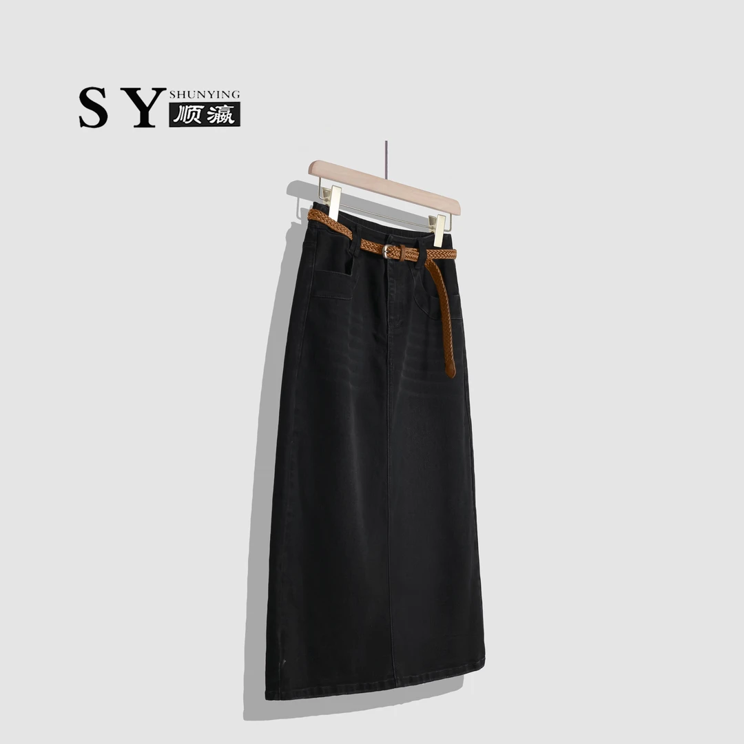 【顺瀛】早秋复古气质拼接开叉高腰百搭休闲牛仔裙SYH098