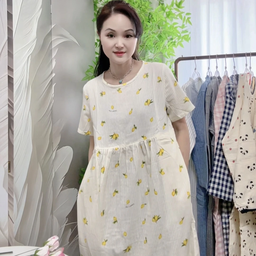 睡裙棉双层纱短袖连衣裙休闲裙柔软亲肤可外穿宽松