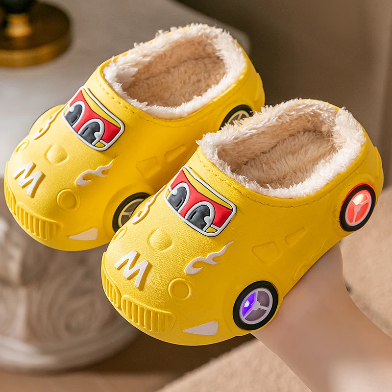 包头款冬季男女童发光小汽车男童防滑拖鞋棉鞋厚底软底保暖棉拖鞋