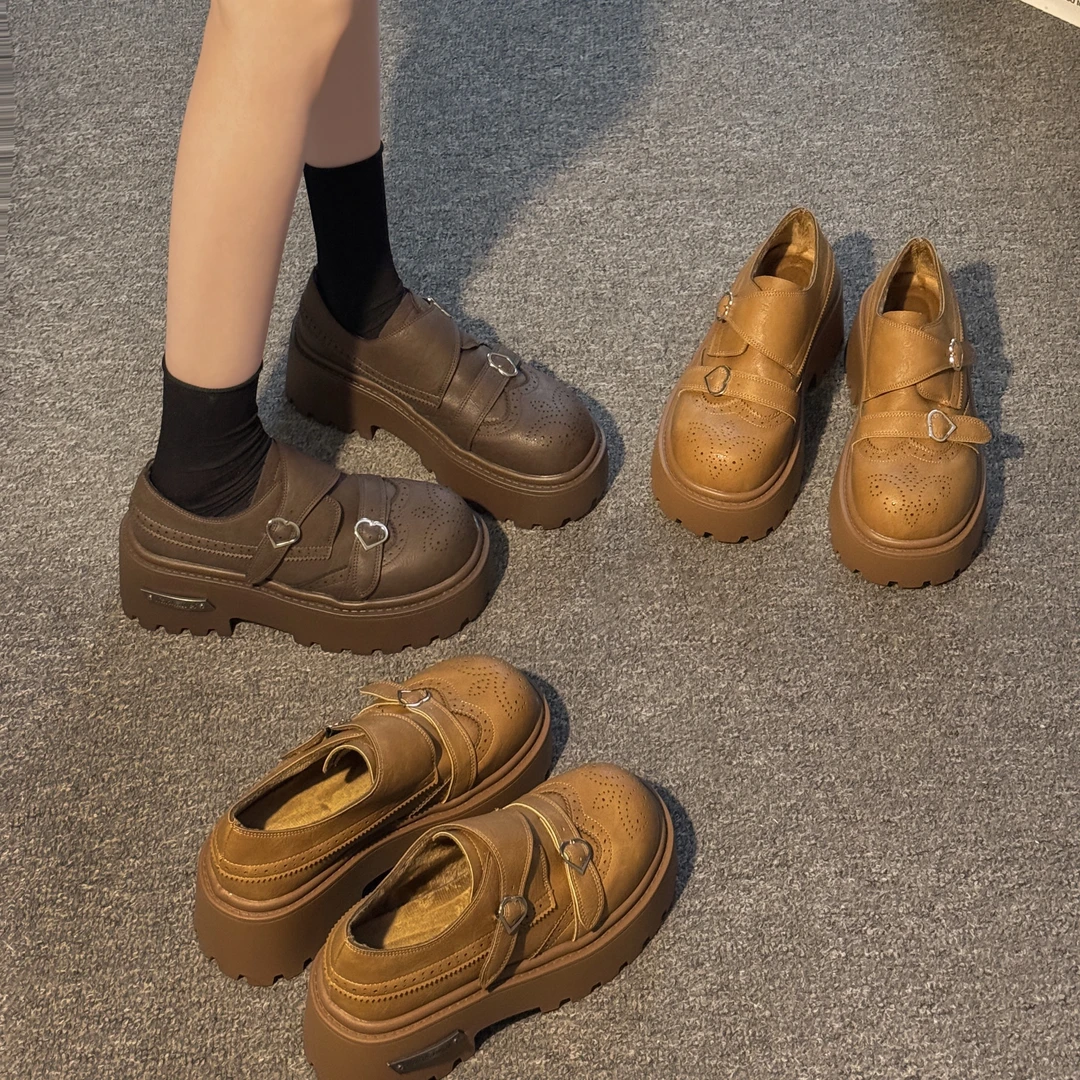 贾不假厚底加绒学院风乐福鞋女2025新款冬季复古棕色小皮鞋小个子