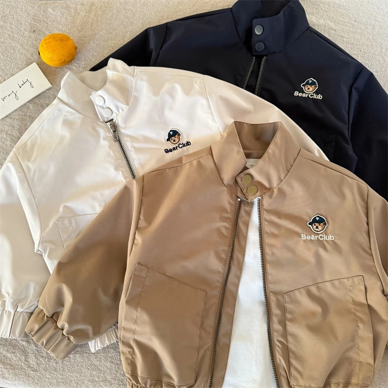 儿童外套2025秋季新品男女童立领刺绣棒球服宝宝小熊拉链衫