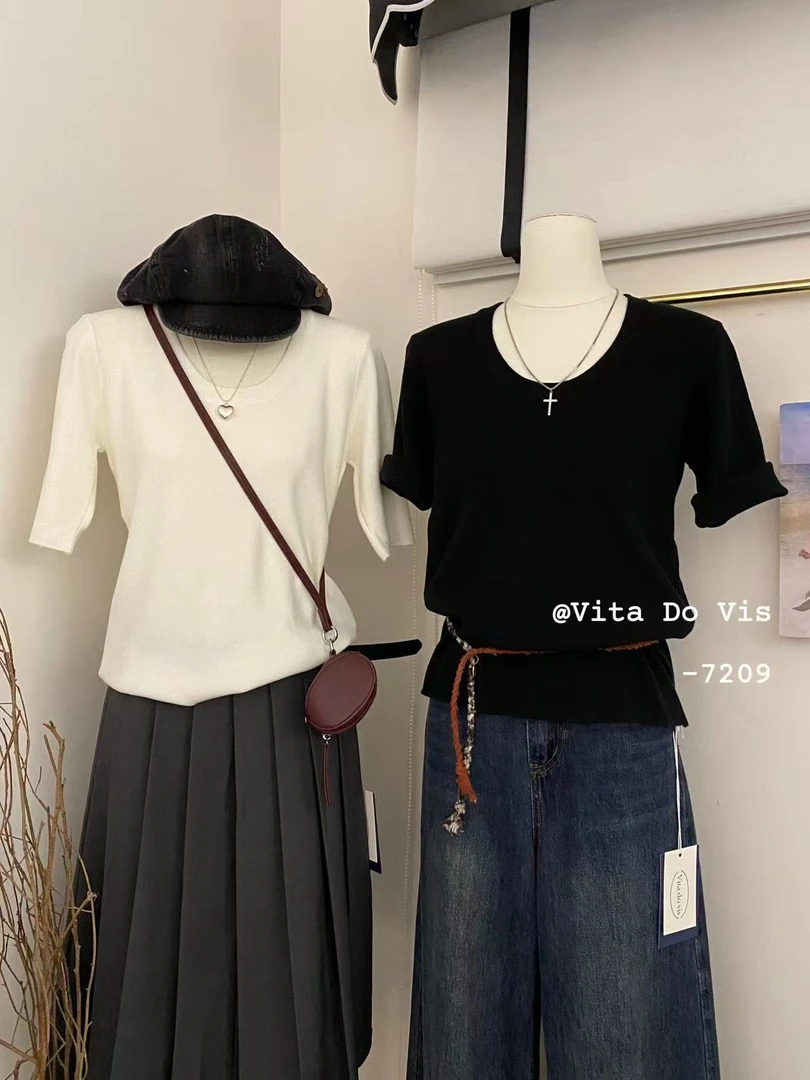 Vita（7209#）韩系圆领纯色中袖上衣