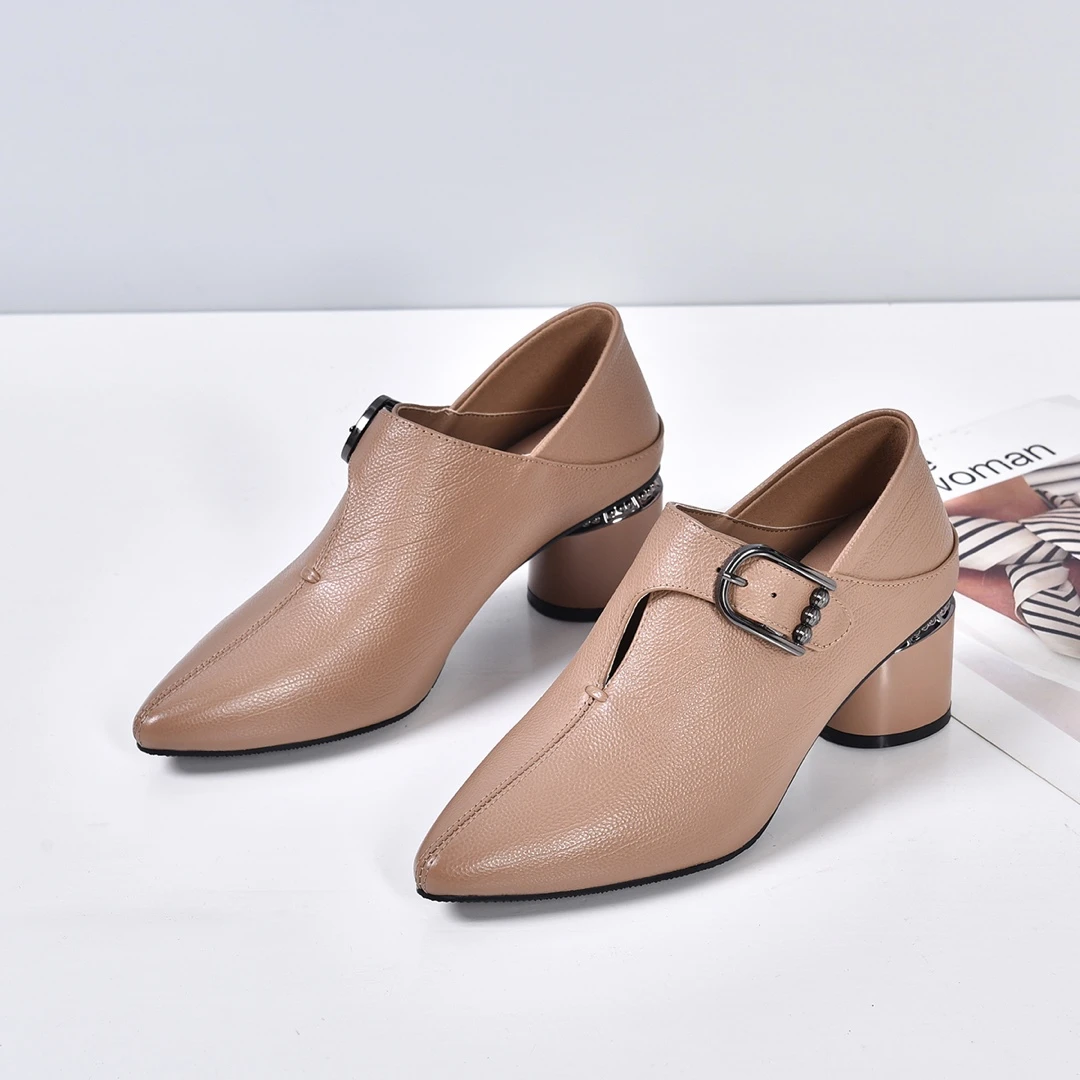 2025新款单鞋41大码尖头高跟鞋头层牛皮显瘦粗跟女士百搭宴会皮鞋