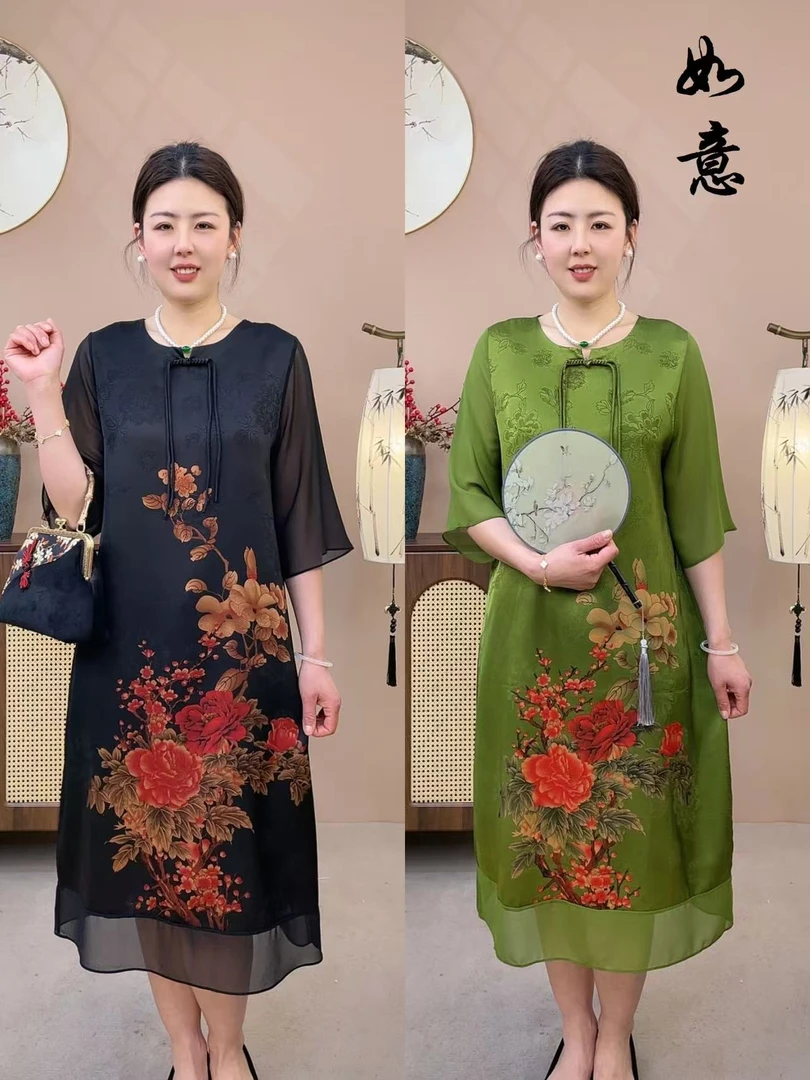 {如意-十里荷花-连衣裙}2025新款连衣裙宽松妈妈装气质中老年夏季