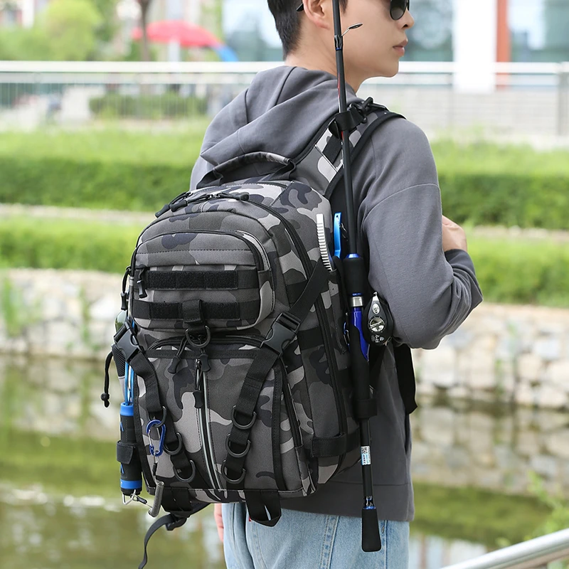 大容量户外旅行包男钓鱼背包可插杆双肩包多功能战术路亚斜挎胸包