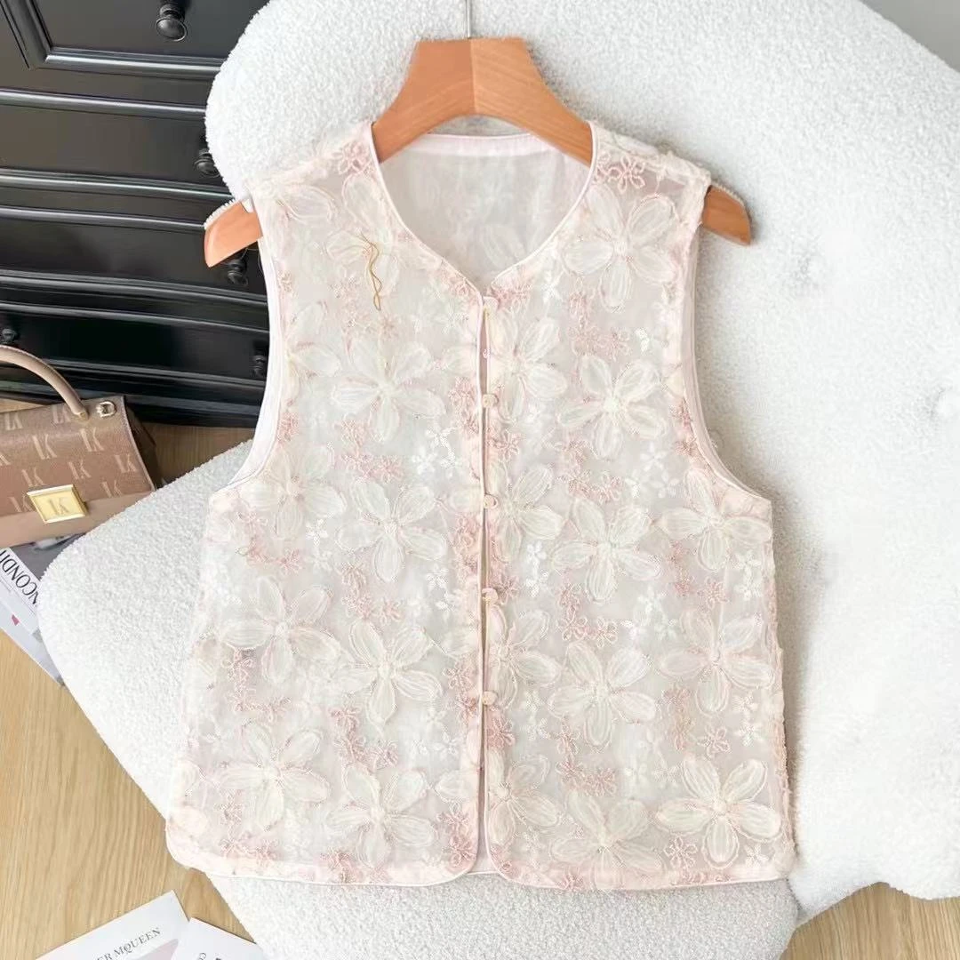 粉樱---春夏新中式中国风立体浮雕花朵气质百搭圆领马甲