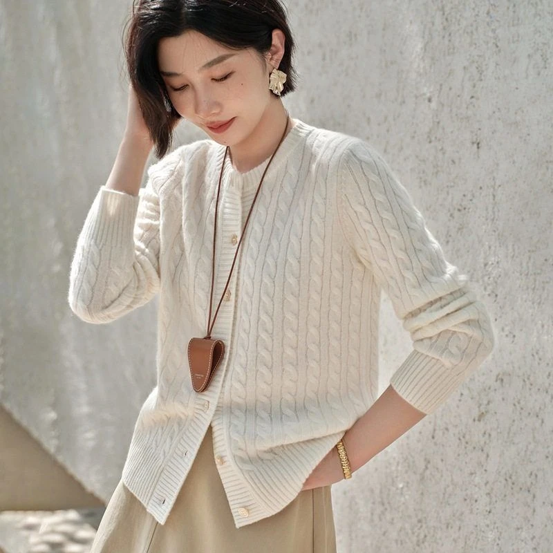 山羊绒针织纯新款%百搭100女士扭花宽松开衫优雅纯色气质时尚秋