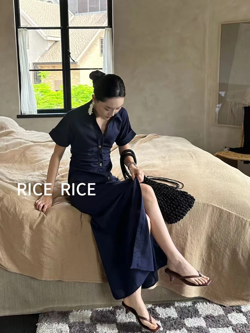 RICE-新款（ZZRI6182#）职场必备~极简风V领翻领迷笛裙 5-14