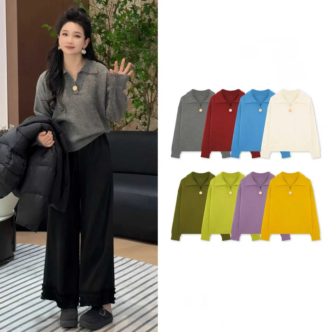 2025冬季新款韩系V领针织衫女长袖百搭宽松显瘦气质休闲毛衣上衣