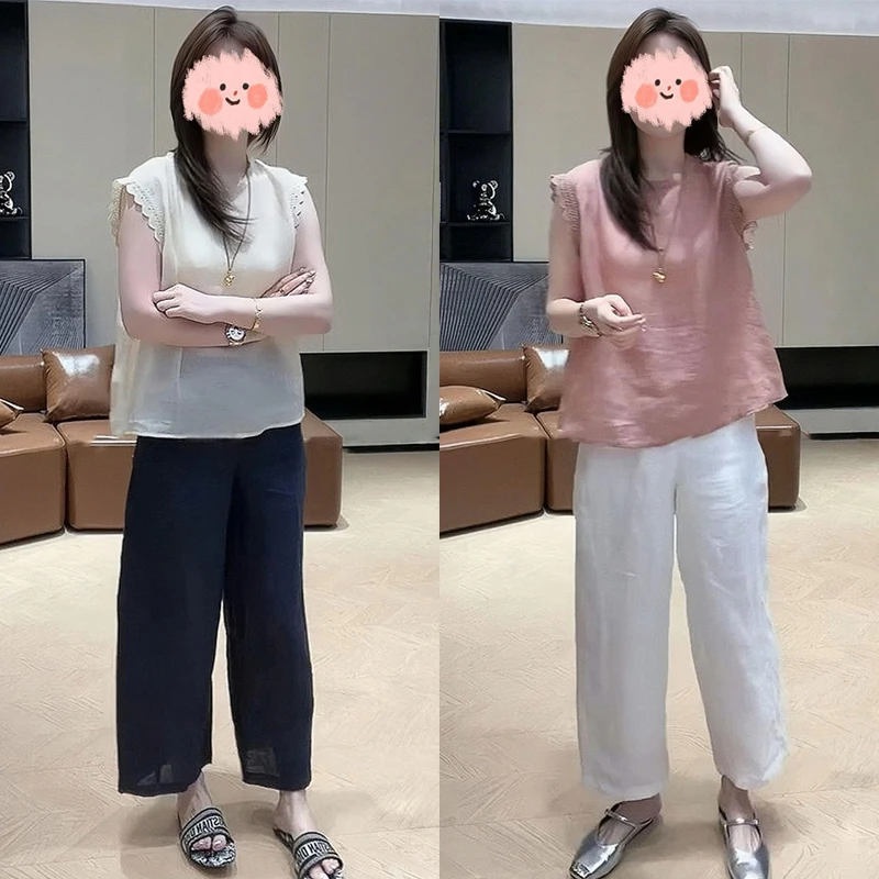 夏季新款老钱风松弛感蕾丝宽松薄款上衣百搭设计感阔腿裤时尚套装