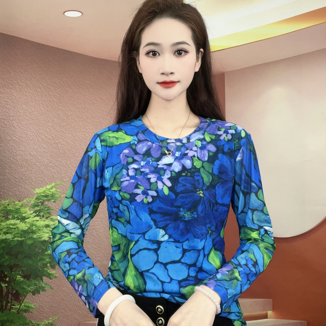 2025夏季新款长袖圆领肌肤纱时尚显瘦印花T恤上衣A285