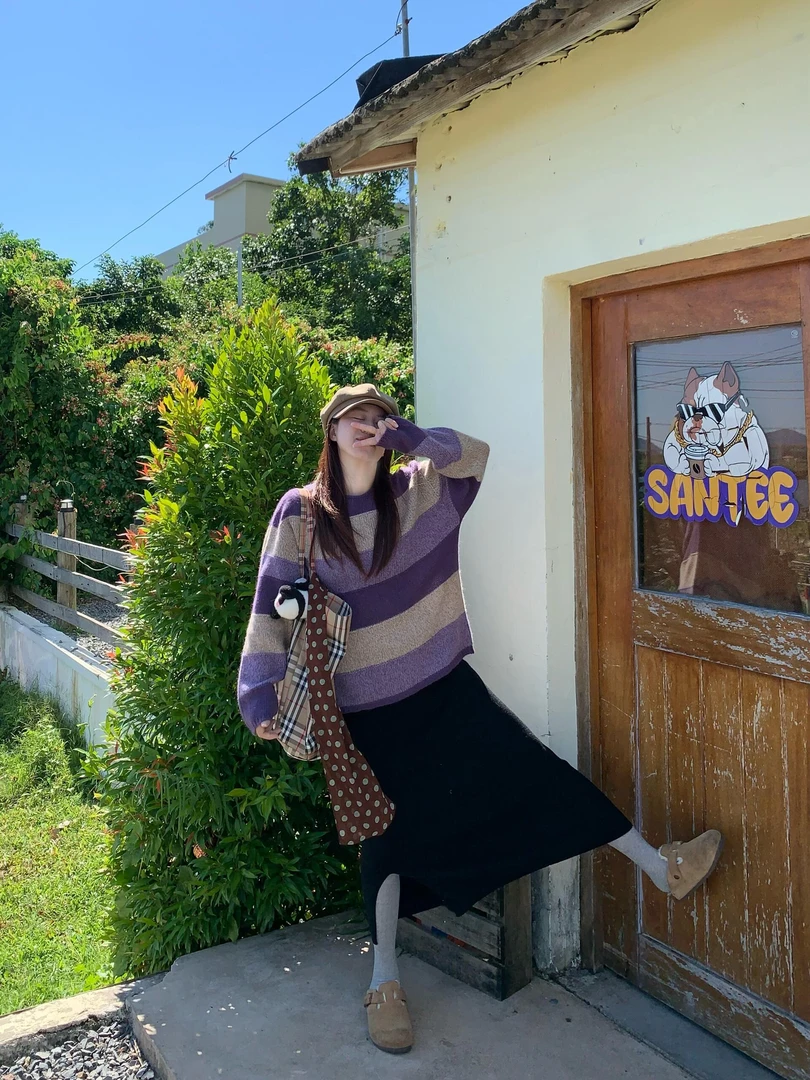 2025秋季潮流爆款条纹圆领长袖时尚气质毛衣高腰显瘦半身裙两件套