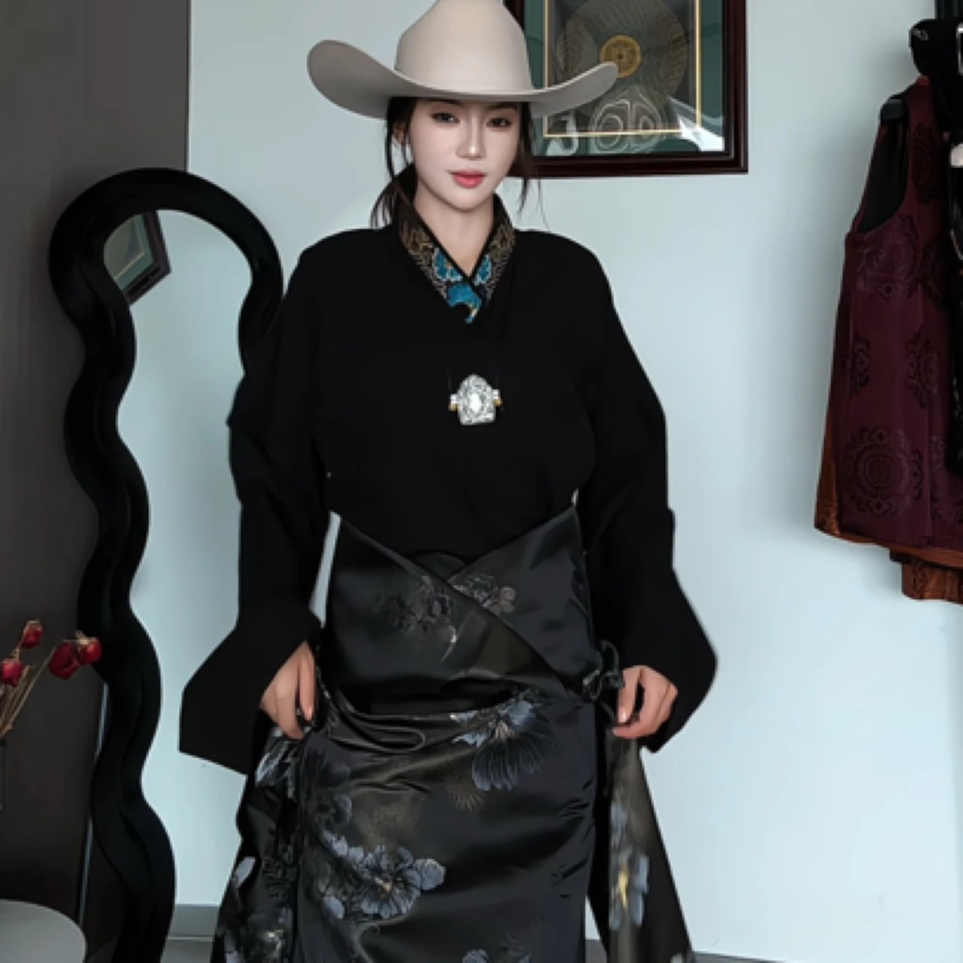 纯棉新款领口配饰衬衣 时尚藏式衬衣