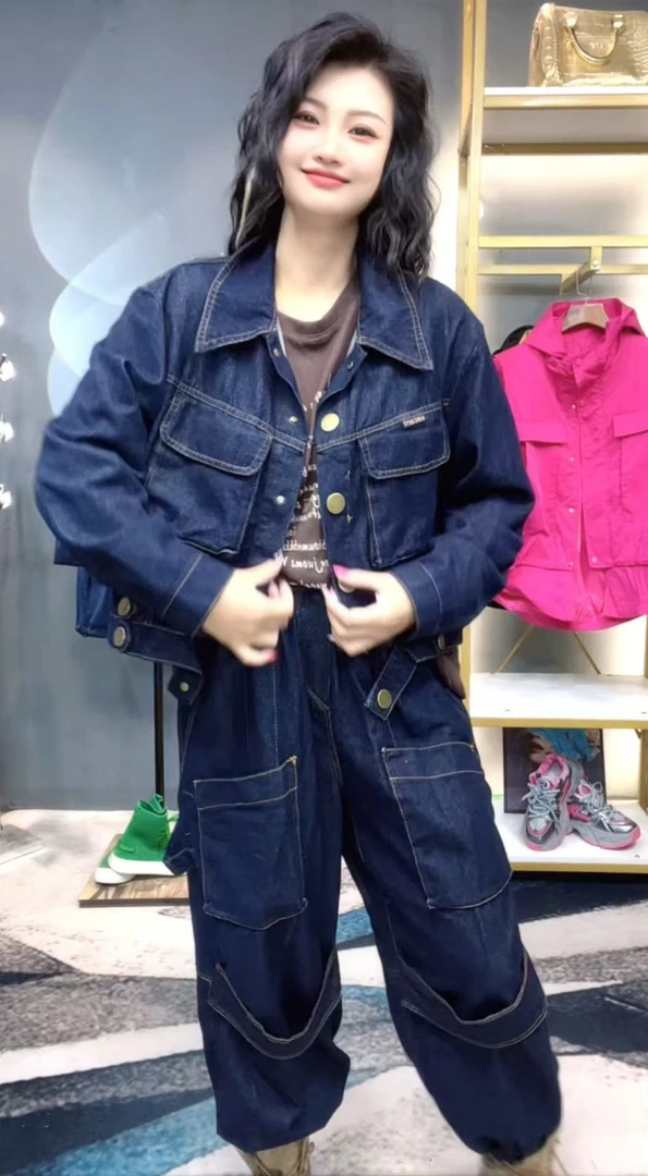 奇奇家时尚韩版大码2025秋季新款休闲设计师版牛仔两件套套装