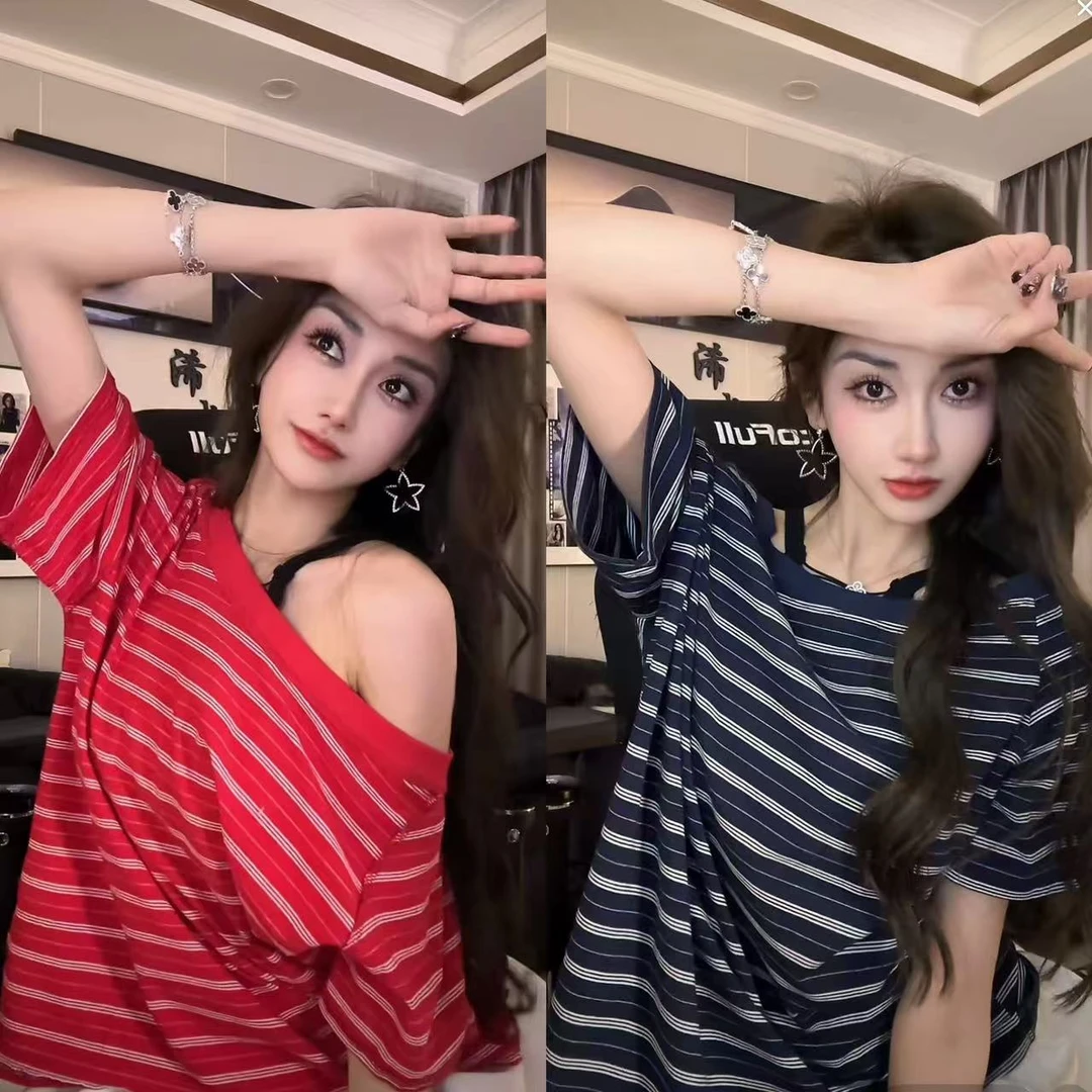 （浠儿姐姐）宽松复古条纹露斜肩短袖2025夏季新款减龄休闲T恤女