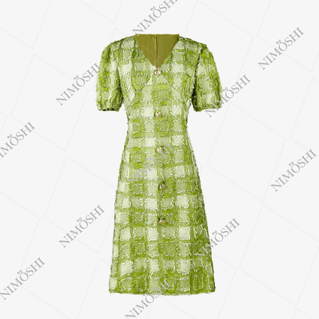 莎莎夏季百搭时尚复古设计气质绿色连衣裙10720