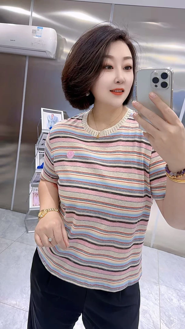 【聪姐推荐】7398减龄休闲条纹圆领显瘦半袖（衣长61，胸围124）