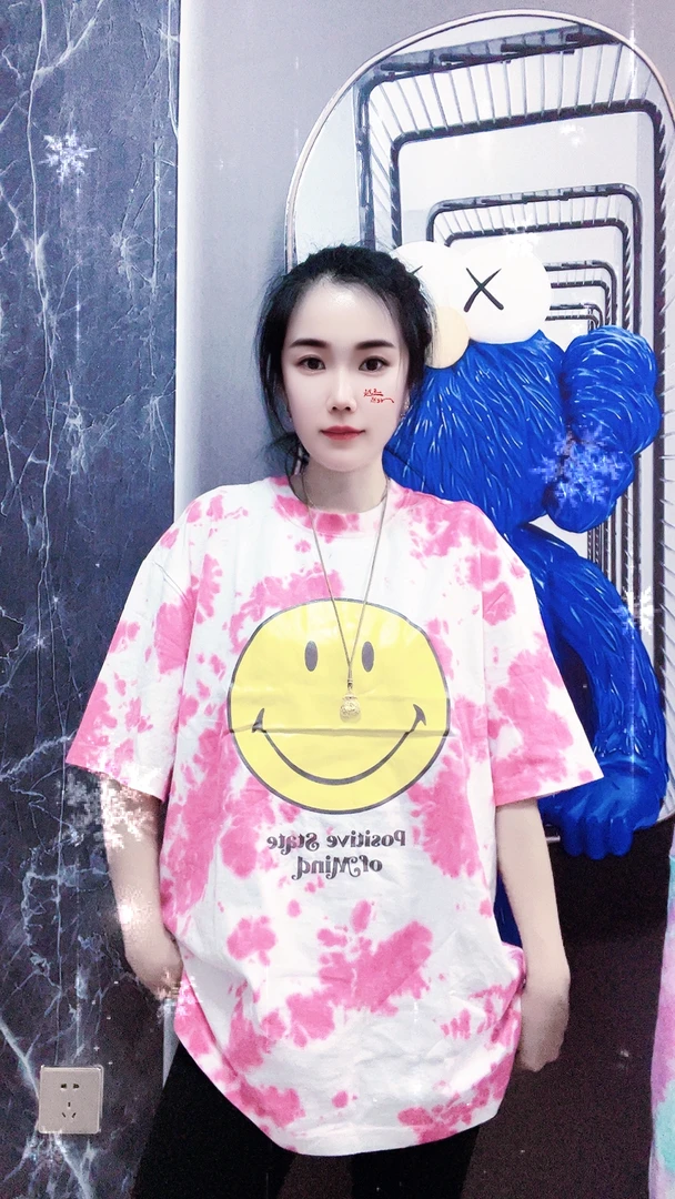 外贸高品质纯棉扎染T恤笑脸粉色