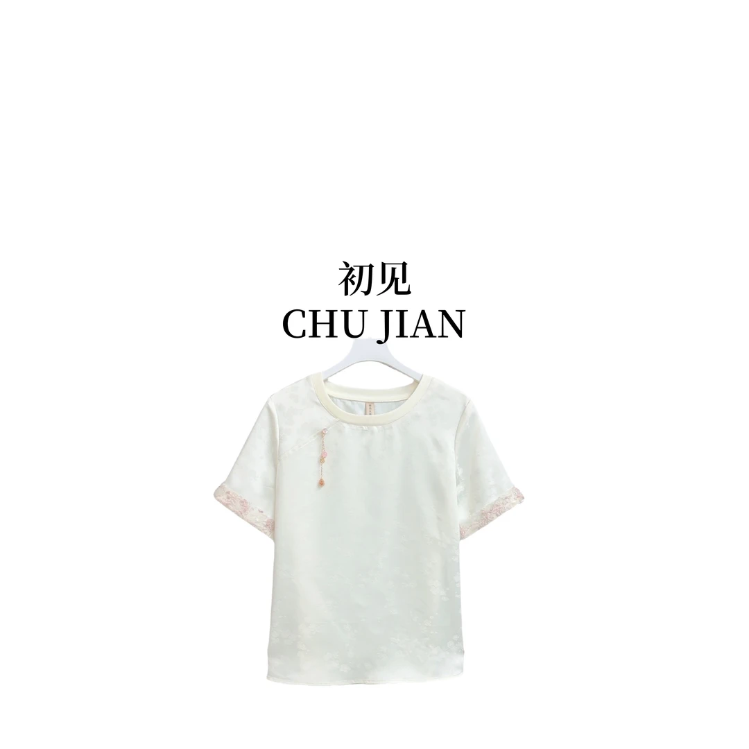 【婉纤】新中式国风夏季袖口拼接新款短袖上衣